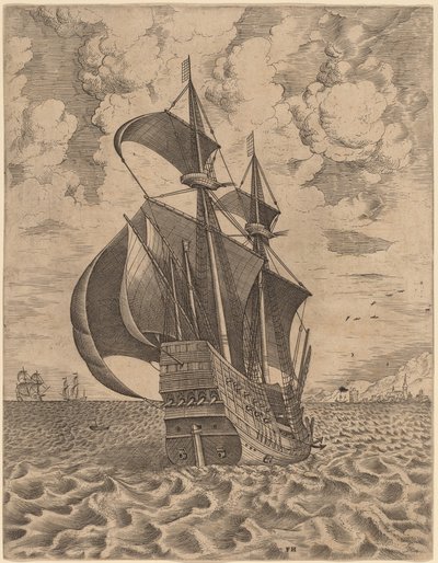 Bevæbnet firemester sejler mod en havn af Frans Huys after Pieter Bruegel the Elder