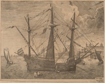 Bevæbnet tre-mester forankret nær en by af Frans Huys after Pieter Bruegel the Elder