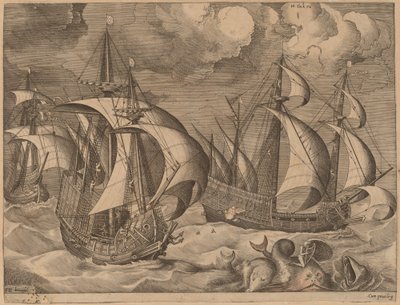 Tre karaveller i et stigende stormvejr med Adrion på en delfin af Frans Huys after Pieter Bruegel the Elder
