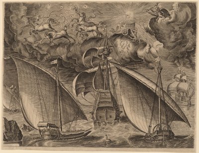 To galejer bag en bevæbnet tremester med Phaethon og Jupiter i himlen af Frans Huys after Pieter Bruegel the Elder