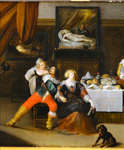 Samfundsscene, et billede af Danae på bagvæggen (maleri på egetræ) af Frans III Francken