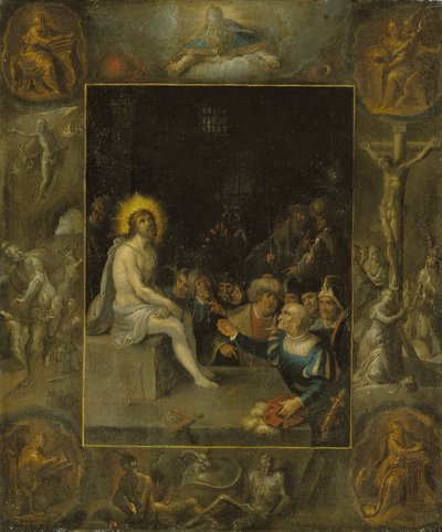 Kristi hån, i en grisaille-omgivelse, der viser Gud Faderen, evangelisterne, Korsfæstelsen, Opstandelsen og Djævelen og Døden med den kronede slange af Frans II the Younger Francken