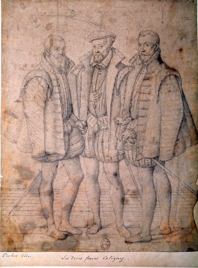 Portræt af de tre Coligny: kardinal Odet (1515-1571), Gaspard (1517-1572), admiral af Frankrig og Francois (1521-1569), herre af Andelot. Tegning tilskrevet Frans (Francois (Franz) Pourbus l