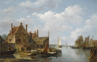 Udsigt over en landsby ved floden af Frans Jacobus van den Blijk