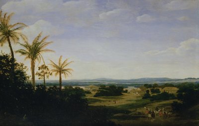 Brasiliansk landskab med den portugisiske residens, kirken og Casa Granda, floden Varzea hinsides af Frans Post