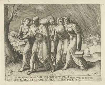 Lot forlader Sodoma Med hævn forenet med barmhjertighed (titel på objekt) Geschiedenis van Lot (serietitel) af Frans Menton