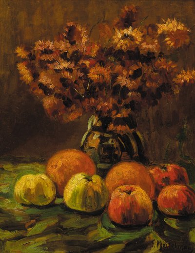Æbler, appelsiner og en vase med blomster på et bord (olie på panel) af Frans Mortelmans