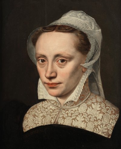 Portræt af en dame, brystlængde, i sort kostume med hvid blondekrave og hovedbeklædning af Frans Pourbus the Elder