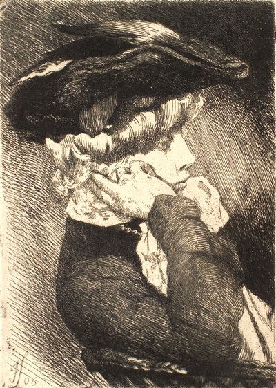 Brystbillede af en siddende ung dame med hat, skarp profil af Frans Schwartz