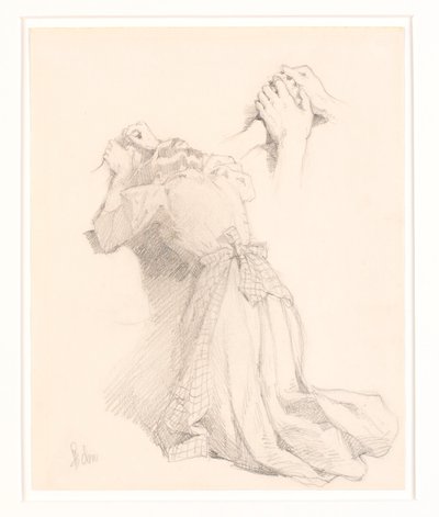 Et blad med fem blyantskitser. Kvindefigurer. Studie af hænder. af Frans Schwartz