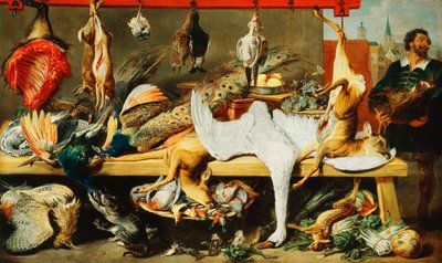 En slagterbod med katte og killinger, der leger, og en slagter, der holder et ornehoved af Frans Snyders or Snijders