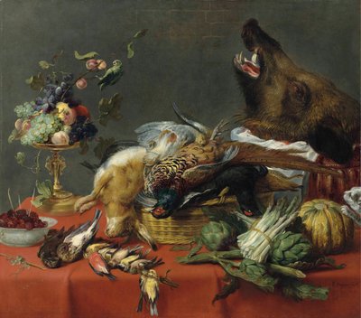 Dækket bord med vildt, frugt, grøntsager og et vildsvinehoved af Frans Snyders