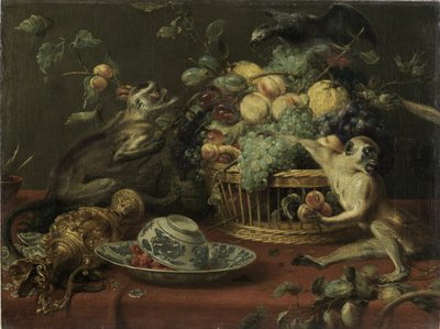 Aber og papegøje i nærheden af en frugtkurv af Frans Snyders
