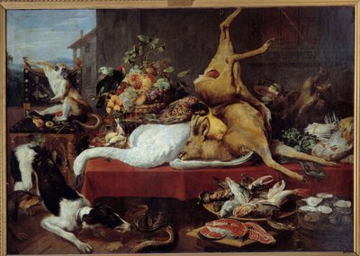 Stilleben med hjorte Vildt (fasan, gås, hjorte), skive fisk, krabber, bælgfrugter. maleri af Frans Snyders (1579-1657) af Frans Snyders