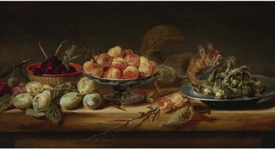 Stilleben med ferskner i en Tazza, hasselnødder på en tintallerken, hindbær i en kurv, med pærer og et egern på et bord
olie på panel af Frans Snyders
