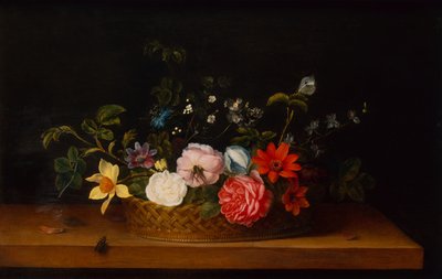 Blomster i en kurv med insekter på en afsats (olie) af Frans Ykens