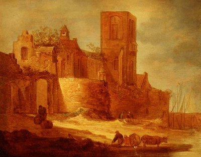 Et ødelagt kloster ved en vandvej med bønder og kvæg i forgrunden af Frans de Hulst