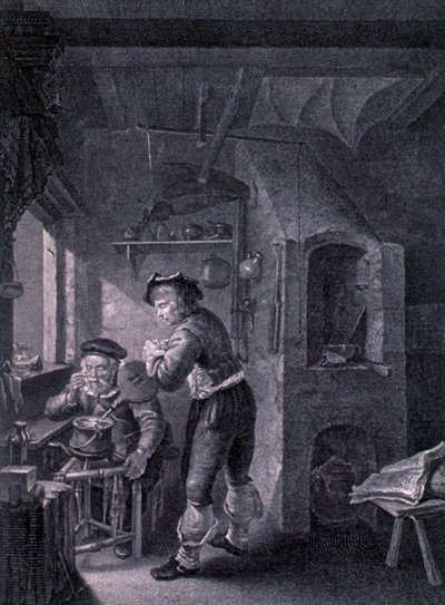 Et laboratorium fra det 17. århundrede af Frans van (after) Mieris