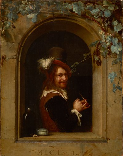 Mand med pibe ved et vindue - Mand med pibe ved et vindue, af Mieris, Frans van Mieris de Oudere eller den ældre (1635-1681). Olie på træ, ca 1658. Mål: 20x15,5 cm. Brukenthal Nationalmuseum, Sibiu af Frans van Mieris