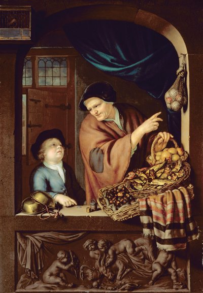 The Chesnut and Kipper Seller, 1722 (olie på eg) af Frans van Mieris