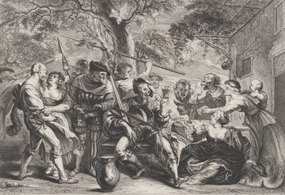 Don Quixote og tropperne fra La Santa Hermandad uden for en værtshus, ca. 1635-79. af Frans van den Wyngaerde