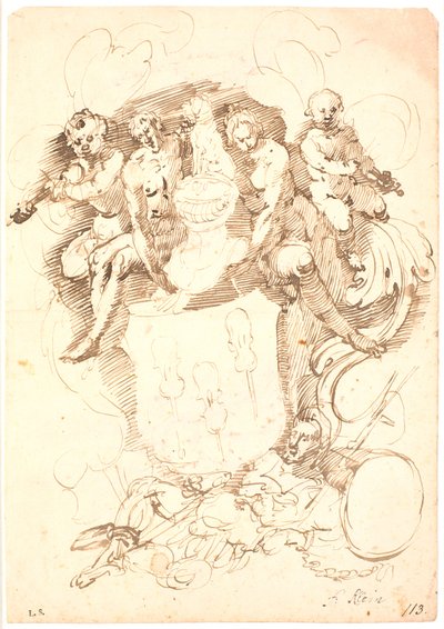 Heraldisk komposition: våbenskjold med tre opvendte violiner, hundekronet hjelm, omgivet af to figurer og to violinspillende putti, det hele hvilende på liggende mandsfigur (Neptun?) af Frantz Cleyn