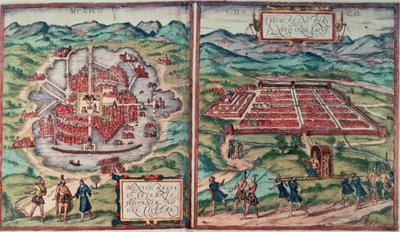 Planer af Mexico City, Mexico og Cusco City, Peru, fra Carl Nebels "Voyage Pittoresque" (farvet indgravering) (se 141102) af Franz (after) Hogenberg