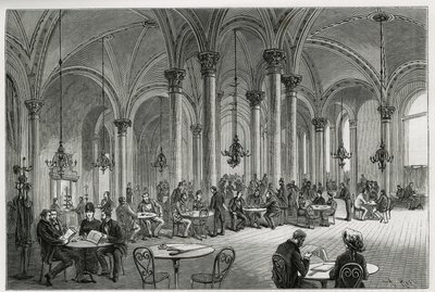 Den centrale cafe i Wien (Østrig). Indgravering af Kollarz, for at illustrere historien om Wien og dens forstæder, af M. Newlinski, i 1881, udgivet i Tour du monde, under ledelse af Edouard Charton (1807-1890) af Franz (after) Kollarz