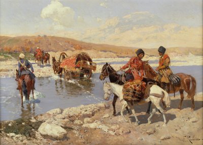 Crossing the River (olie på lærred) af Franz Alekseevich Roubaud