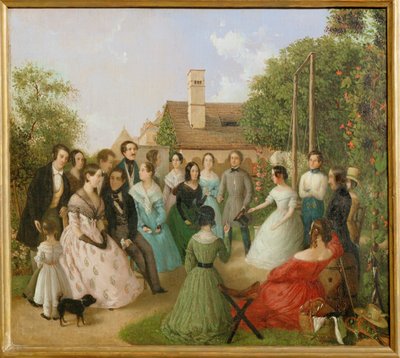 Pfaenderspiele der Familienmitglieder Alt im Garten - Et spil om fortabelser i Alt-familiens have ... (maleri på lærred) af Franz Alt