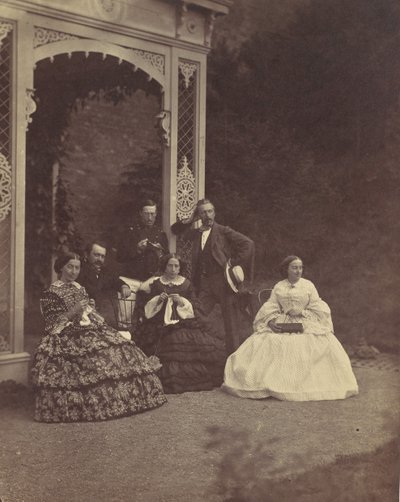 [Portræt af tre kvinder og mænd i en have], 1850