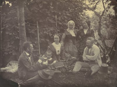 [Tre kvinder, to mænd og et barn på picnic], 1850