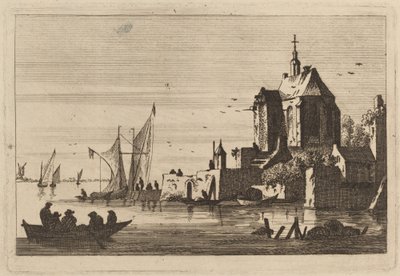 Kirke i en fjord med robåd i forgrunden af Franz Edmund Weirotter