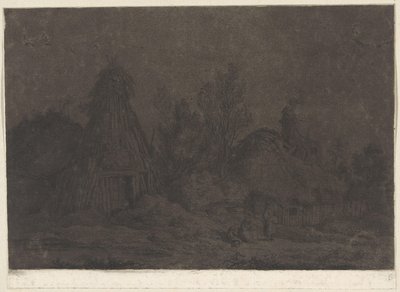 Måneskinsscene med figurer foran en hytte XII Vues de la Normandie (serietitel) af Franz Edmund Weirotter