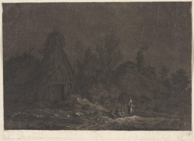 Måneskinsscene med figurer foran en hytte XII Vues de la Normandie (serietitel) af Franz Edmund Weirotter