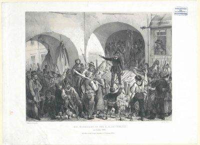 Barrikaden ved K.K. Universitetet den 26. Maj 1848 (litografi) af Franz Gerasch