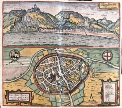 Nøjagtig illustration af byen Munstermaifeld i Maifeld, Tyskland af Franz Hogenberg
