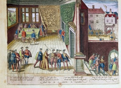 Arrestation af Lamoral, greve af Egmont (1522-1568) og Philippe de Montmorency (1524-1568), greve af Hornes (Hoorn) for deres standpunkt mod kong Filip II af Spanien (1527-1598). De vil blive udført i 1568 (øverst til højre) 1653 Trykt af F af Franz Hogenberg