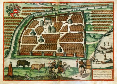 Kort over Moskva (Rusland) - Værk af Frans Hogenberg (1535-1590), gravering og akvarel udtrukket fra Civitates orbis terrarium af Franz Hogenberg