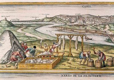 Conil de la Frontera, fiskerne tørrer fisken, skærer den, sælger den og pakker den i tønder til salg, fra "Civitatis Orbis Terrarum" af Franz Hogenberg