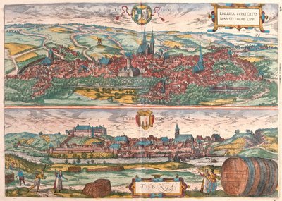 Eisleben og Tubingen, Tyskland (gravering af Franz Hogenberg
