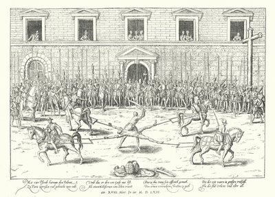 Henrettelse af Jean de Poltrot for mordet på Frans, hertug af Guise, Paris, 1563 af Franz Hogenberg