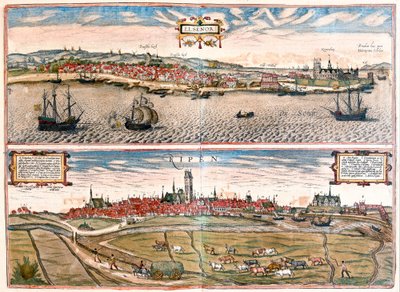 Helsingør og Ribe, Danmark (stik af Franz Hogenberg