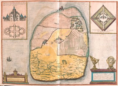 Isle of Ven og Uranienborg, Tycho Brahes palads og observatorium beliggende på denne ø, i Sund (gravering af Franz Hogenberg