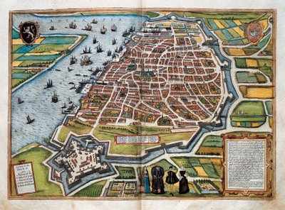 Kort over Antwerpen, fra "Cities of the World" (farvet gravering) af Franz Hogenberg