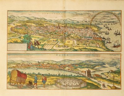 Kort over Barcelona og Ecija fra World Cities af Georg Braun af Franz Hogenberg