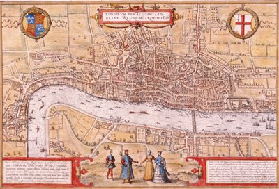 Kort over London City, Southwark og en del af Westminster, 1572 af Franz Hogenberg