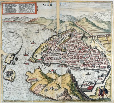 Udsigt over Marseille i det 16. århundrede, der viser hospitalet for spedalske nederst til venstre, fra 