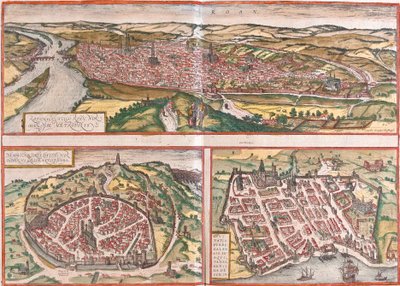 Udsigt over Rouen (Rotomagus), Nimes (Nemausus) og Bordeaux (Burdigala), Frankrig (radering). af Franz Hogenberg