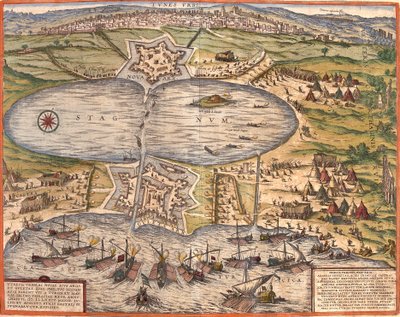 Udsigt over Tunis (Tunes), Tunesien, med fæstningen Goulette (Guleta Arx), som kontrollerer adgangen til Tunis-søen og den nye fæstning (nova arx) foran bymuren (ætsning) af Franz Hogenberg